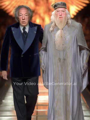 The image features two men in a hallway. On the left is dressed in a dark blue velvet blazer and black pants, and on the right is an elderly man wearing a long, light-grey robe with a white beard. The background has a blurred, warm-toned glow.
