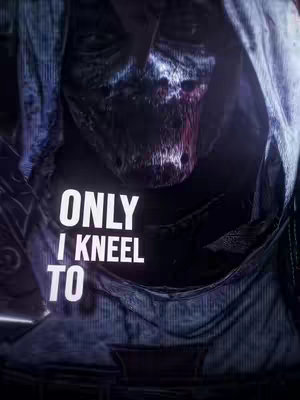 The image is a close-up of a figure, possibly a character from media, with a dark, obscured background. The figure has a partially visible face, with a prominent open mouth area appearing to show injuries. Covering the figure is a dark garment. The text overlay in white, against the contrasting dark background, reads 'ONLY I KNEEL TO'.