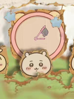 The image features a whimsical, handcrafted scene with a clock-like structure and a cartoon character. The central element is a large, round clock face made from cardboard, with a pink rim and a tan center, attached to a cardboard structure with faux bear details. Inside the clock, a small cutout shows a stylized drawing of a clock arm swinging. A cartoon character with a round face, white fur, and cute red blush stands in front. The background has elements of green color and blue star-shaped embellishments around the clock and at the top, creating a playful and artisan atmosphere. The overall palette is soft and inviting.