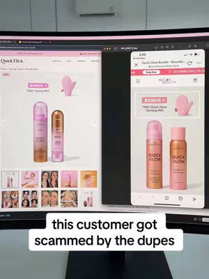 The cover image shows a computer monitor displaying a split-screen comparison. On the left, a website is visible, showcasing a product from "Quick Flick". On the right, a mobile phone's screen displays the same product from a different brand, "Milan Beauty". Text at the bottom of the screen reads "this customer got scammed by the dupes". The video appears to be a business story, highlighting the issue of counterfeit products versus the original product.