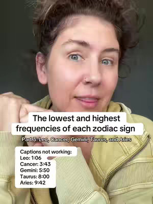 A woman with light skin and brown hair is the central focus. She appears to be looking directly at the camera, with a slight smile and nose ring. Behind her is a blurred background, making her the clear focal point. Text overlays on the image include a title and additional information regarding zodiac sign frequencies and their corresponding times.