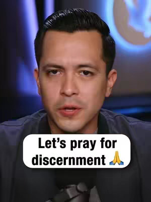 A medium shot features a man in a dark shirt and a dark jacket with a white text bubble overlay at the bottom.  The overlay has white text, and a blue praying hands emoji at the end.