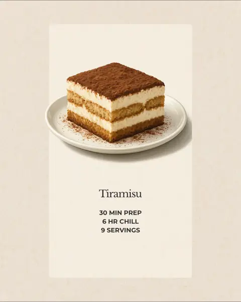A visually appealing image featuring a slice of tiramisu on a white plate, set against a light beige background. The tiramisu is rectangular, showing layers of light-colored cream and darker, cocoa-dusted surfaces. Below the dessert on the background are the words "Tiramisu" and descriptive text.