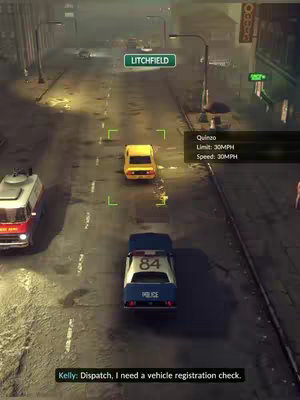 The cover image shows a scene from a video game, with a street view at dusk or night. The scene features a police car at the bottom of the frame, with a yellow car ahead of it. A sign reads 'Litchfield' above the street. The scene is filled with a sense of action or pursuit, as if a chase is underway.