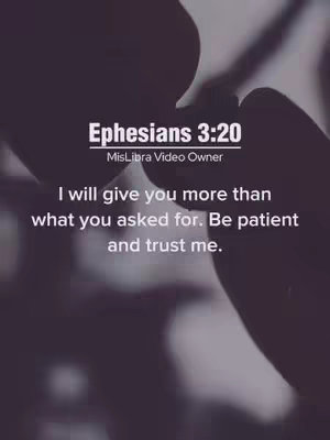 The image is a close-up shot of two hands, possibly clasped together or near each other. The background has a blurred, dark appearance. Overlaid on the image is text in a white, sans-serif font, comprising the verse reference 'Ephesians 3:20', the creator's username, and a quote about patience and trust in a higher power.