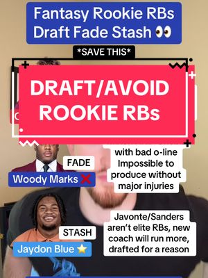 The image is a graphic designed to give fantasy football advice. It utilizes a layered layout with a central figure (the creator) against a blurred background. Above, a blue banner reads 'Fantasy Rookie RBs Draft Fade Stash'. A large red rectangle with the text 'DRAFT/AVOID ROOKIE RBs' dominates the center. Two inset circular images showcase football players, with text indicating 'FADE' for Woody Marks and 'STASH' for Jaydon Blue. Text boxes provide further analysis of the players, along with details about their selection, providing insights and suggestions for fantasy football draft strategies.