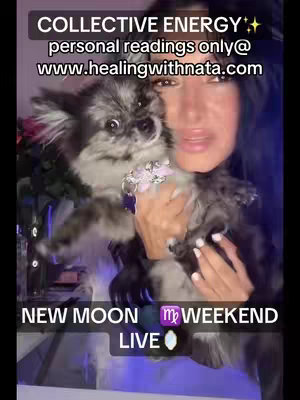 A woman holds a small, fluffy dog close to her face. Overlayed text describes 'Collective Energy' and directs viewers to a website. The background suggests a cozy indoor setting.