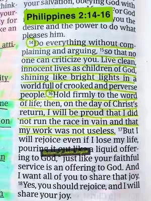 A close-up of a page from a Bible. The text is highlighted with yellow marker. At the top is a green label with the text "Philippians 2:14-16".