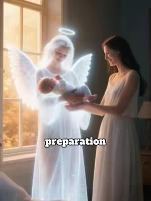 The image features an angel figure with wings and a halo, holding a baby, and presenting it to a woman. The lighting is soft and ethereal, suggesting a dream or spiritual theme. Text overlayed reads "preparation". 