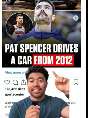 The cover image combines elements of a news story with a selfie. The top portion shows an image of an NBA player, Pat Spencer, with text overlayed stating 'PAT SPENCER DRIVES A CAR FROM 2012'.  A smaller circular image of the player in his uniform is present as well. The lower half features a selfie of a man with short dark hair, smiling and talking into a microphone. The background shows a social media interface with like counts and a sports website logo. The color scheme is dominated by blacks, whites and greens.