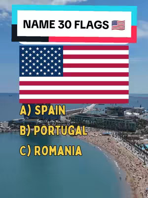 The cover image showcases a quiz or challenge related to naming flags. The image includes the upper part of the American flag, used here as a visual cue or a subject, in addition to a question with multiple choice answers. The scene appears to be set near a beach with blue water, a building, and a clear blue sky.
