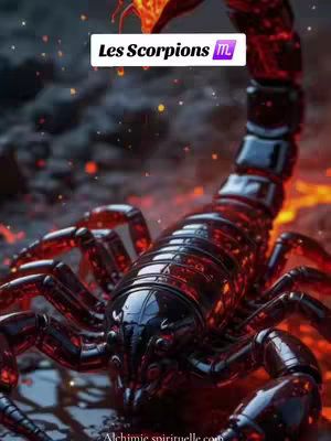 A close-up, digital artwork of a scorpion is set against a fiery, dark background. The scorpion is rendered in a shiny, obsidian-like material, with glowing red and orange highlights suggesting heat or fire emanating from within its body. Positioned on top, in a white rectangular box, is text, 'Les Scorpions', and next to it is a purple 'm' character. The composition and color palette evoke a sense of intensity and mystery and the digital medium. The background is a blur of darkened shades, speckled with tiny bright sparks and glowing embers.