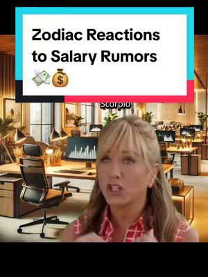 The cover image is a video still featuring a woman in a modern office setting. She is the central focus, with the background showing a well-lit office featuring multiple desks, computers, and office supplies. The woman is speaking, with an apparent expression of engaged emotion. Overlayed at the top is a graphic that says "Zodiac Reactions to Salary Rumors."