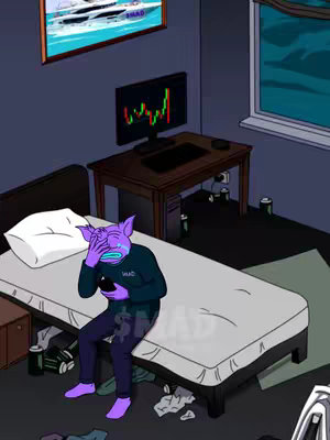 An illustrated scene of a purple-skinned, goblin-like creature sitting on a bed, crying. The setting is a dimly lit room with a bed covered in a sheet, a desk with a computer monitor displaying a stock chart, and a window. The creature is holding a phone and covering their eyes as if distressed. The background includes a boat painting, a computer, and a window, suggesting a living space.