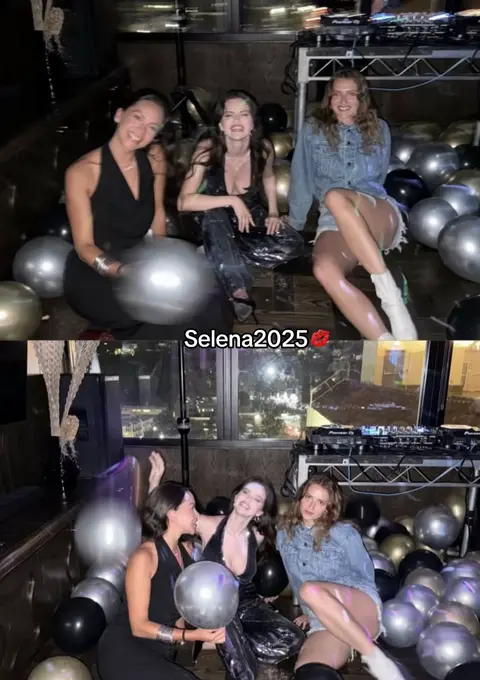 The cover image is a split screen. The top half features a group of three young women in a rooftop setting. They are celebrating, surrounded by balloons. Selena Gomez is in the middle half of the split screen and the other half shows the same shot from a slightly different angle. The lower screen features the text overlay.
