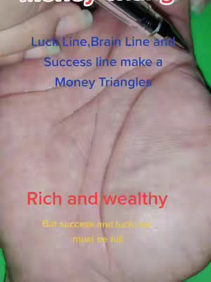 A close-up view of a person's palm and fingers with overlayed text highlighting specific hand lines for palm reading and astrological insights. The color palette is a mix of skin tones and text colors for a visual focus on the palm reading.