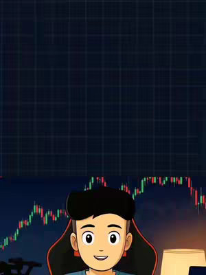 A cartoon-style image shows a person in a gaming chair smiling and pointing towards the viewer. Behind the person is an illustrated version of candle stick information that has been created through trading.  The color scheme utilizes dark blue, green, and red.
