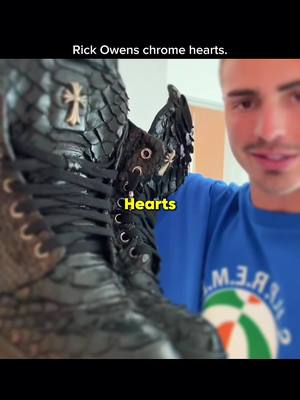 The cover photo displays a man holding a black, intricately designed boot, partially cropped in the frame. The boot appears to be made of a textured material, possibly leather, with metal accents and decorative elements. A yellow highlighted text bubble reads "Hearts". The man is smiling, wearing a blue shirt with lettering, and is in the background along a lighter surface and a plain room.