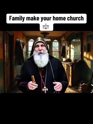 The cover image features a man with a long white beard, wearing a black robe with a large cross necklace. He is standing in what appears to be a home interior with warm lighting and a slightly cluttered background. The overall composition is a medium shot, focusing on the man and his attire.