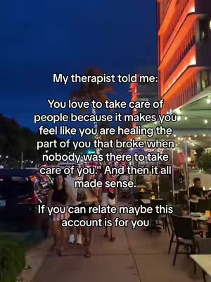 The image shows a nighttime outdoor scene with blurred figures walking on a sidewalk. Text overlays detail a therapist's statement about taking care of people as a form of self-healing, and includes a call to action to relate to the message.