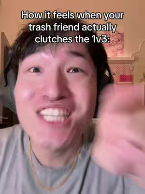 A selfie-style video cover image features a young man smiling widely with his mouth open, revealing his teeth. Above him is overlaid text. The background is slightly blurred, but it appears to be a room with neutral-toned walls and some indistinct items in the background.
