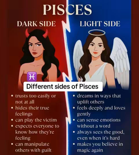 The image is a visual representation of the Pisces zodiac sign, split into two sides: 'Dark Side' and 'Light Side', separated by a lightning bolt effect. On the left side (dark side) is a depiction of a woman with devil horns and a purple Pisces symbol. The right side (light side) portrays a woman with a halo and angel wings. Below each side are bullet points describing traits associated with those aspects of the sign.