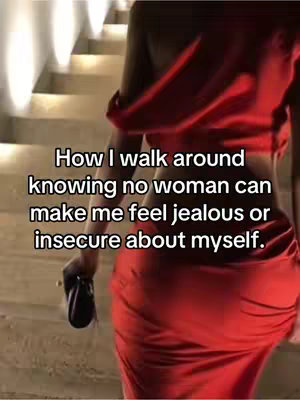 A woman in a red dress walks up a set of stairs, the camera mostly focuses on her lower body, with text overlaid on her upper body.