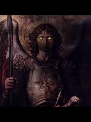 The cover image portrays a digital artwork of the Archangel Michael. He is depicted with a halo over his head, wearing armor, and holding a spear. The background is dark, emphasizing the angel's form and the glow emanating from his eyes.