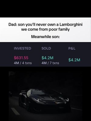 A cover image that is split into two main sections. The top section contains text laid out above a table. The bottom section is a dark image of a black Lamborghini. The top text reads: "Dad: son you'll never own a Lamborghini
we come from poor family
Meanwhile son:" Below this is a table with the headers INVESTED, SOLD, and P&L, each with data underneath. The bottom image is out-of-focus and appears to be in a dark tunnel. The car has its headlights on.