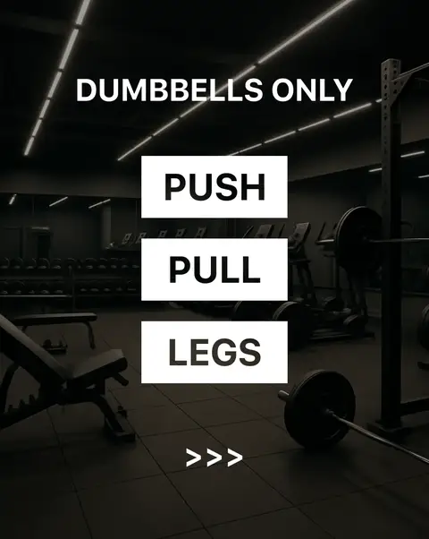 A dimly lit gym scene featuring the words "DUMBBELLS ONLY" at the top. Below, three white rectangular boxes each contain a single word: "PUSH", "PULL", and "LEGS". Beneath these boxes, three white right-pointing arrows are shown, signaling the format of the workout routines.