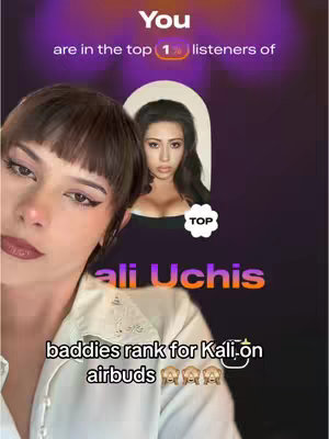 A selfie-style shot with a female creator on the left, angled slightly towards the viewer. The background is a gradient of purple and dark tones. A photo of another woman with dark hair and a black strapless top is on the upper right within a white oval frame, labeled "TOP". In the foreground, the creator has dark hair, eye makeup, and a light-colored top. Text overlays are located at the top and bottom, highlighting listeners and an app ranking.