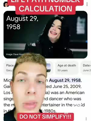 The cover image shows a collage with a light-skinned man in the foreground at the bottom and a photo of Michael Jackson at top, overlayed on the top of several lines of text. The man in the foreground is looking at the camera with his mouth slightly open. The background appears to be a white table and a white tiled wall. The photo of Michael Jackson shows him with long dark hair. The overlayed text says 'LIFE PATH NUMBER CALCULATION' in all caps, in red. There is other text about Michael Jackson, and a red bar at the bottom that reads, 'DO NOT SIMPLIFY!!!'.