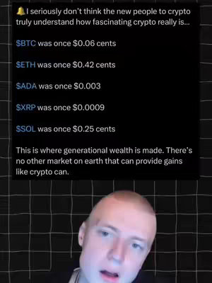 A video cover shows a man's face at the bottom while the rest of the screen is filled with text on a grid-like background. The text suggests a comment about cryptocurrency and its potential gains. The man's face appears to be looking at the text. The layout is simple, with a dark background and white text. The photo is focused on conveying critical information.
