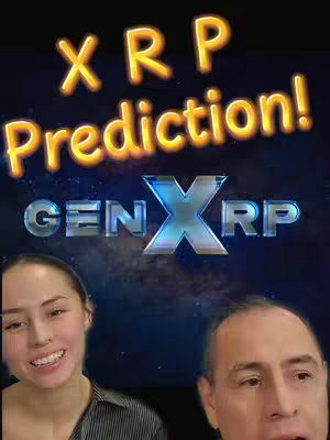 The cover image features two individuals, a woman smiling on the left and a man on the right, against a dark blue, star-speckled background. The overlay text includes the words "XRP Prediction!" in a yellow, glowing font above and below that is the word "GEN XRP" in metallic silver.