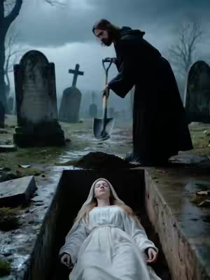A somber scene in a graveyard under a cloudy sky, featuring a man digging a grave. In the foreground, a coffin lies open, holding a woman dressed in white. The setting is dark and moody, emphasizing the theme of death and burial.