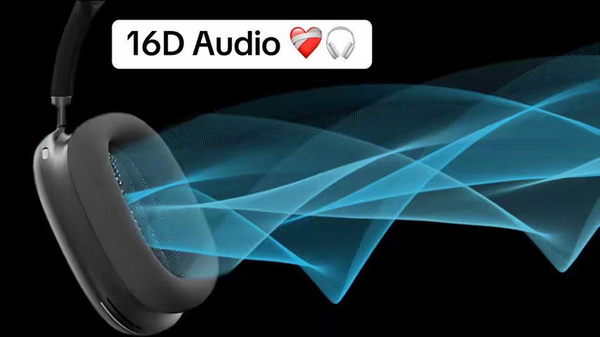 The cover image showcases a pair of black over-ear headphones positioned slightly off-center, with the left earcup prominently displayed and the right one partially visible. The headphones are set against a black background, with a dynamic pattern of teal-blue wave-like lines emanating from the earcup and extending across the frame. A white rectangular text box at the top center reads '16D Audio' in white text, accompanied by a red heart emoji and a small illustration of a white headphone.