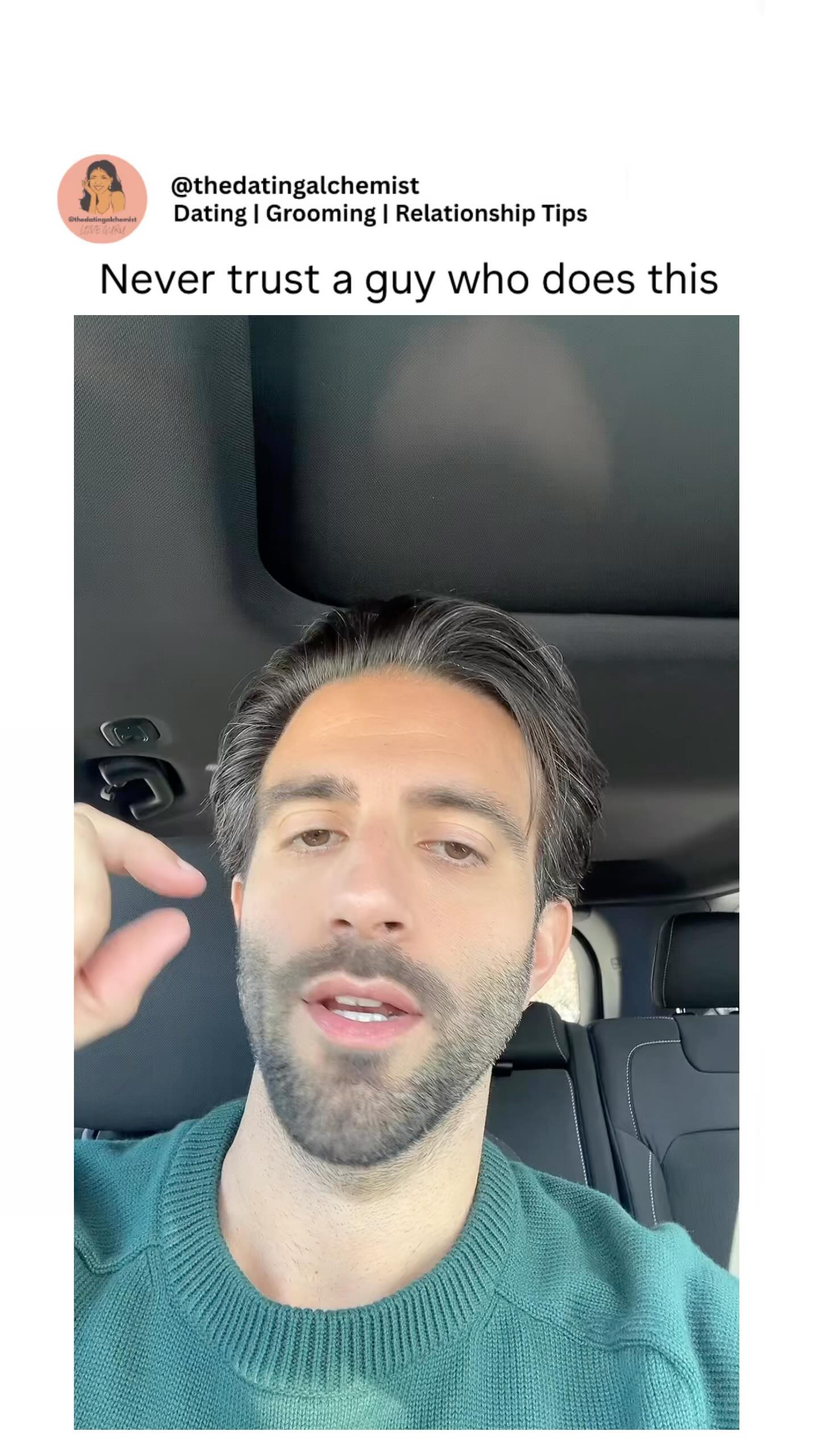 A man is sitting in a car and giving advice. The shot is zoomed in on his face and hands, as his is holding his fingers up and expressing himself.