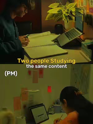 The image is a split-screen.  The top half shows a person at a desk working on a notebook with a laptop. The bottom half shows a person writing at a desk with a tablet.  Text overlays read "Two people Studying the same content" and "(PM)". The color palette is warm with yellow and earthy tones.
