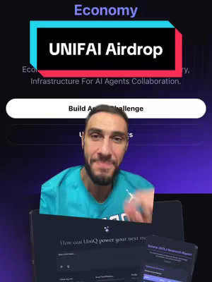 The cover image features a man in a teal shirt addressing the camera, with a graphic overlay at the top. The overlay has a black background with white text saying "UNIFAI Airdrop." Below the man is a laptop with a website displayed on it, and to the side, another screen of a phone displaying more text. The background has a purple gradient.