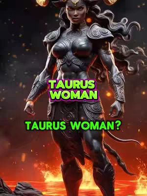 An AI-generated image of a Taurus woman, depicted as a strong, armored figure with bull horns. She has a dark skin tone, long flowing hair, and is standing with her arms at her side over a fiery background. Overlayed text in a vibrant green color enhances the zodiac sign theme.