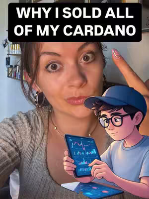 A selfie of a woman with wide eyes and a surprised expression is featured at the center. An AI-generated cartoon of a young boy wearing glasses and a blue hat, is interacting with a tablet, is on the right side. A black banner above the woman's head displays white text. The background has a shelf with multiple objects.