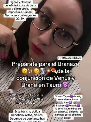 A woman with glasses is centered in the cover image, looking towards the camera. Various text elements are overlaid, including astrological details and a call to action. The composition is a selfie style, with a soft color palette.