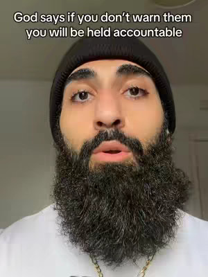 A man with a full, dark beard and black beanie stares directly at the camera against a muted background. White text saying, 'God says if you don't warn them you will be held accountable' is placed at the top.