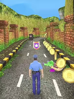 The cover image depicts a scene from a game. A cop in a blue uniform stands in the foreground looking at the viewer. Further down the road, another figure, presumably a character in the game, is lying on the ground after being hit by a gold coins. The roadside features brick walls and foliage beyond that, suggesting a scenic, outdoor urban environment. In the middle of the road there is a police badge.