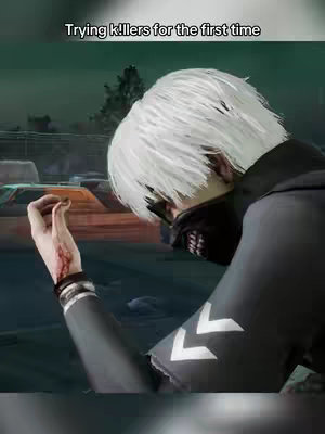 An animated character with white hair and a black mask is shown from the back, looking down at their bloodied hand. The background suggests a city setting. The text overlay on the cover says 'Trying k!llers for the first time'.
