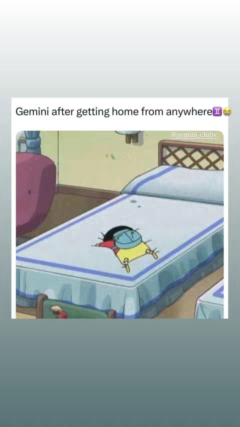 The cover image features a cartoon still of a character from a show lying on a bed. The bed has blue and white patterned sheets and a wooden headboard. The character is lying face down, and has a helmet. Above the image, there is white text on a colored background with the words 'Gemini after getting home from anywhere' with a Gemini symbol and emojis.