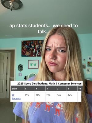 A young woman with long blonde hair stands in front of a turquoise wall. The overlaid text reads "ap stats students... we need to talk...". Below the young woman is a chart with scores of the AP Statistics exam, titled "2025 Score Distributions: Math & Computer Sciences".