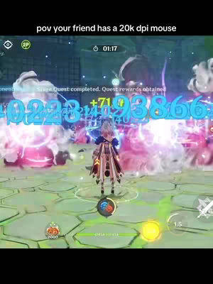 A screen recording of a mobile game, featuring a character standing in a hexagonal arena with combat effects and on-screen numeric damage indicators. Overlay text reads 'pov your friend has a 20k dpi mouse'. A timer is displayed at the top and user interface elements are along the bottom of the screen.