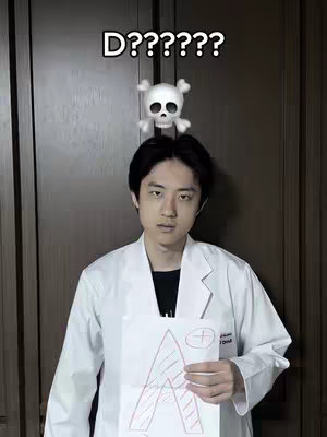 A person wearing a white lab coat holds a paper with the letter A and a red line drawing. Above their head is a skull emoji. The background is a plain brown door.
