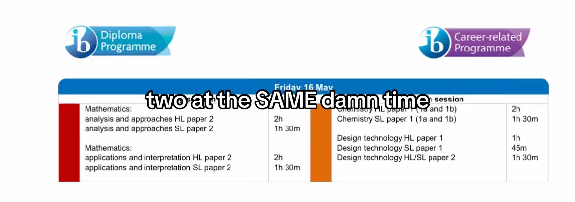 The image features an IB exam schedule. Text overlays over a table that displays subject, paper, and timing, as well as the IB logo in the upper left and right